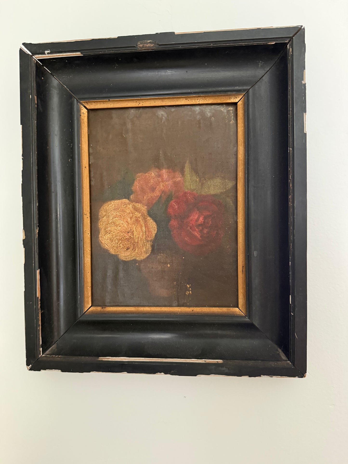 Antique French Still Life Oil Painting of Roses in Ebonized and gilt frame c. 1890