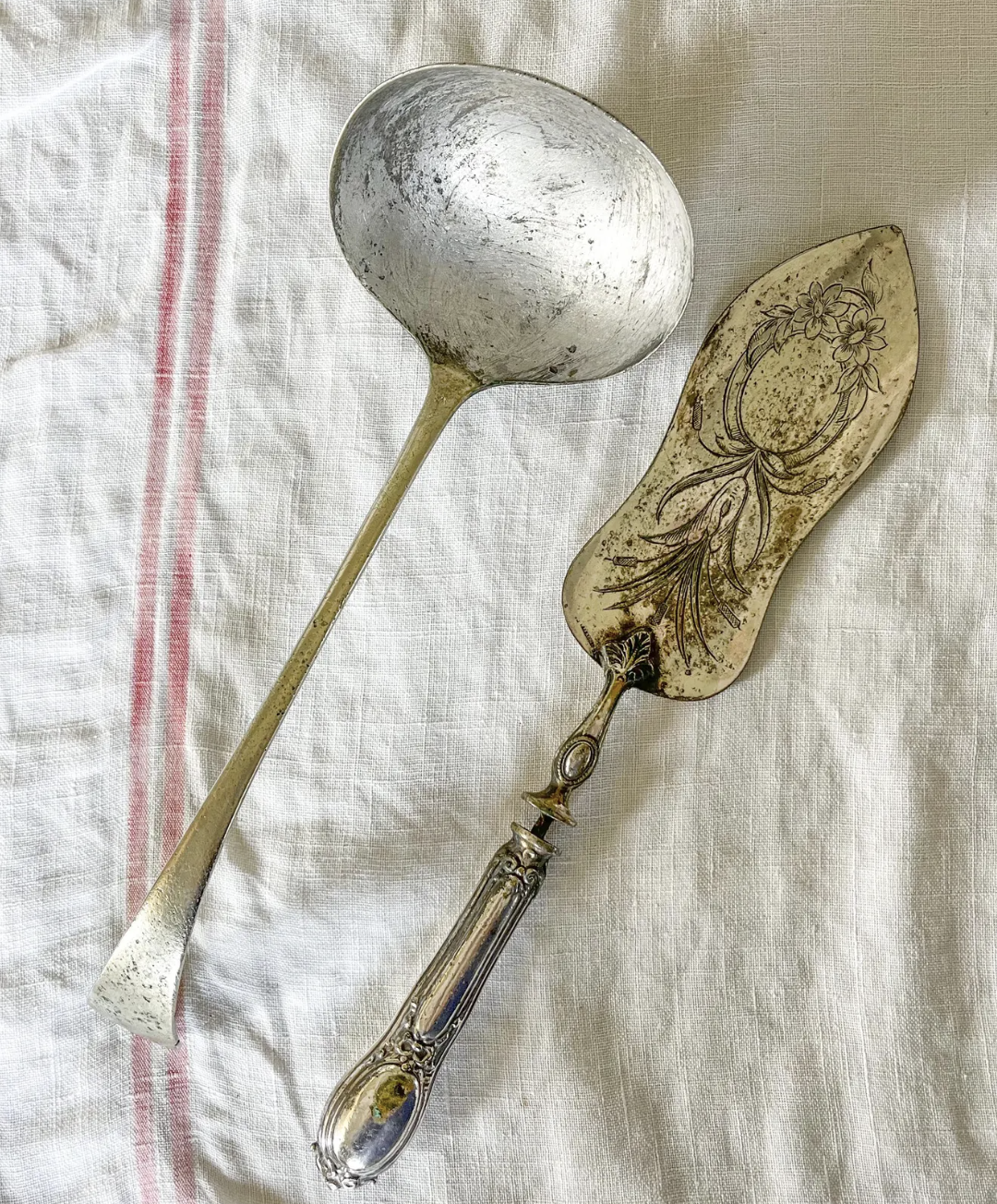 Vintage French Utensils, Set of 2 Rustic French Ladle and Pie Server, Found in Provence