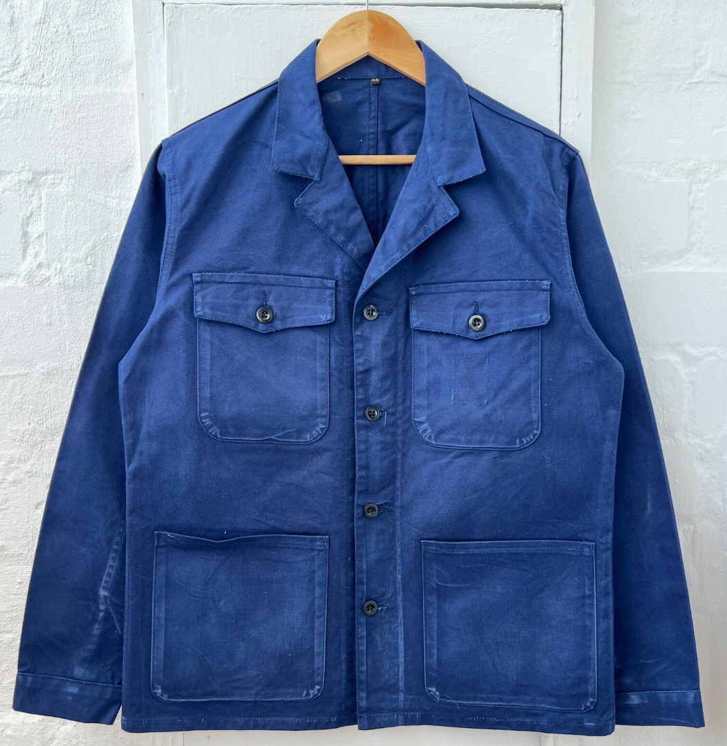 Vintage 70-80s French Distressed Blue Cotton Chore Workwear Faded Jacket