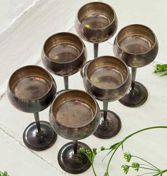 19th C French 'Jacques Rousseau' Silver Toasting Goblets /Liqueur Glasses