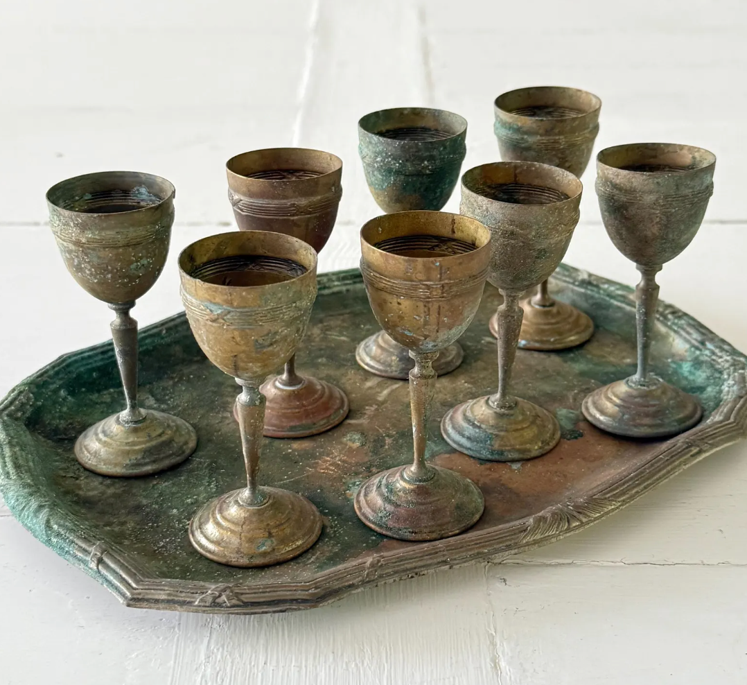 French Antique Abandoned Chateau - 8 Goblets & Tray 19th century