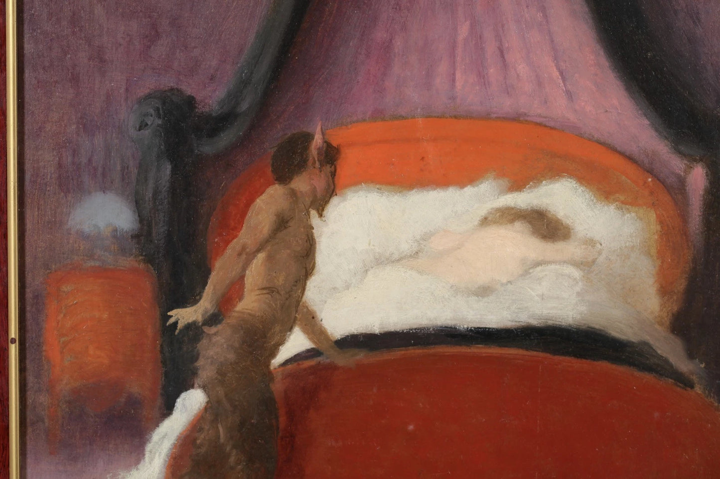 ALBERT PENOT (1862-1930) FRENCH OIL PAINTING ON PANEL - SATYR & SLEEPING NUDE IN BOUDOIR