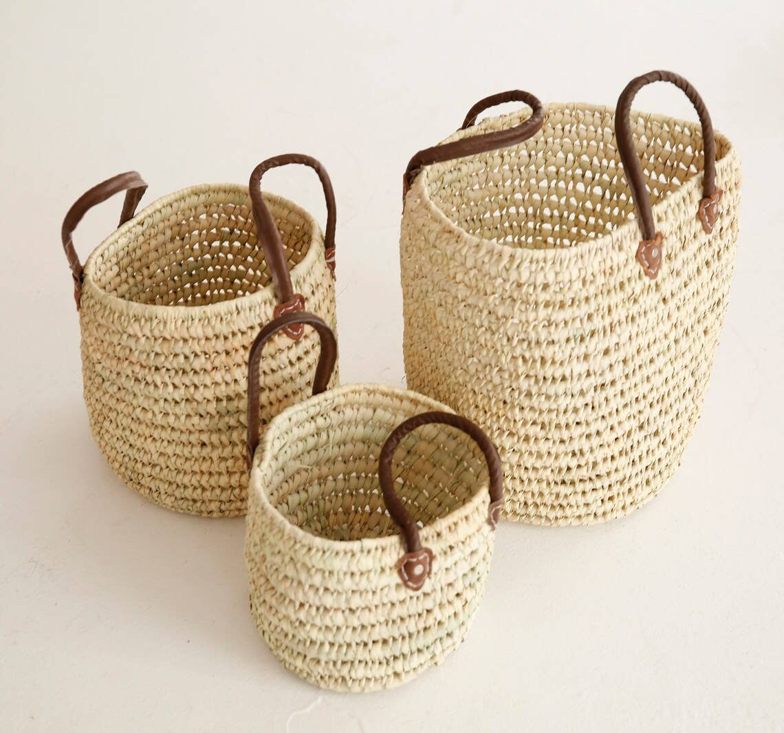 Wicker Storage Baskets with Leather Handles, Set of 3