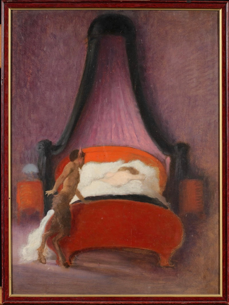 ALBERT PENOT (1862-1930) FRENCH OIL PAINTING ON PANEL - SATYR & SLEEPING NUDE IN BOUDOIR