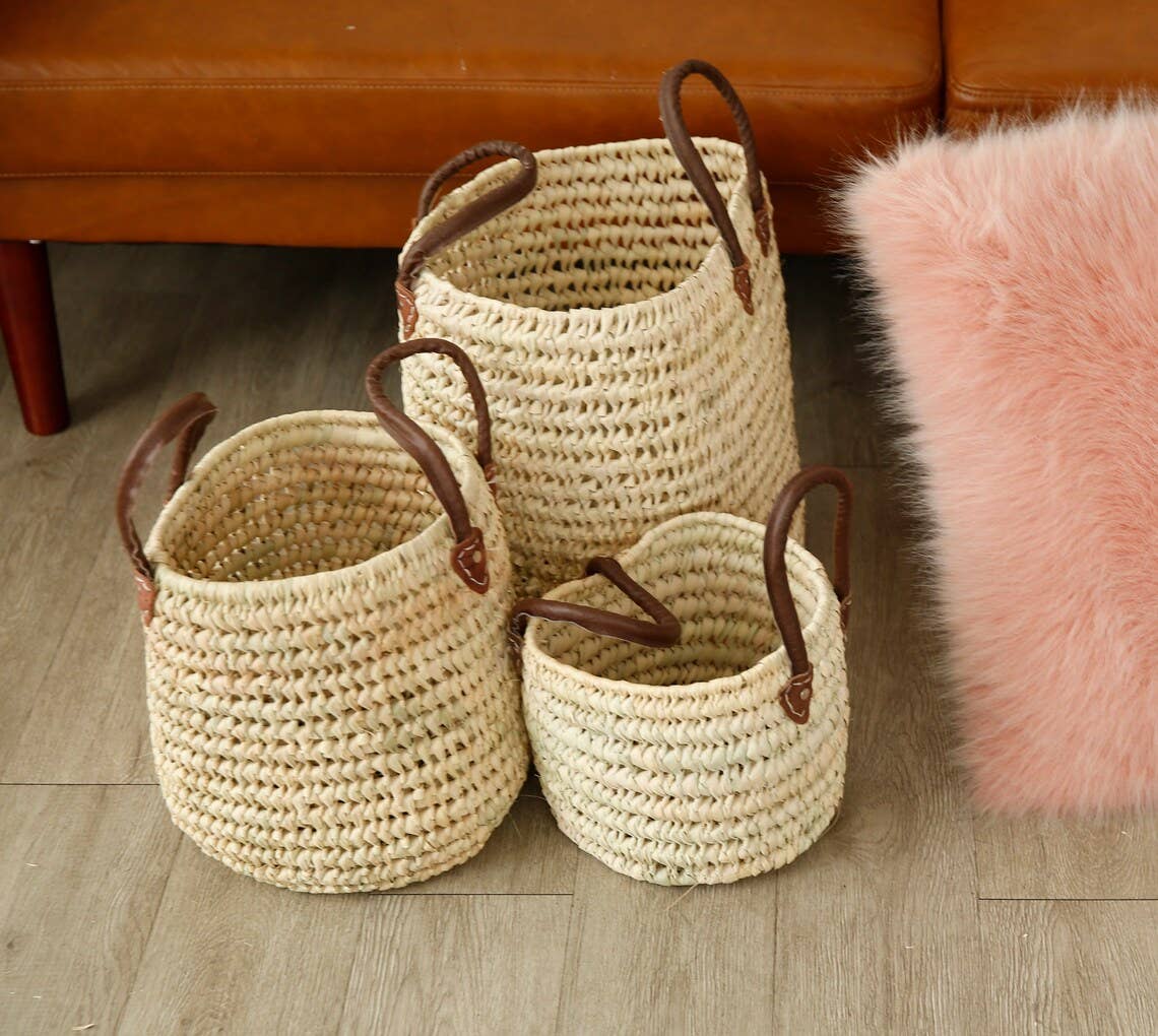 Wicker Storage Baskets with Leather Handles, Set of 3