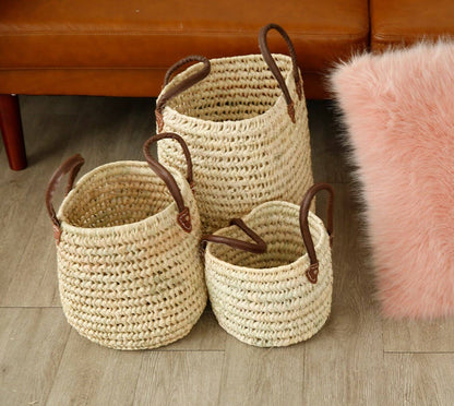 Wicker Storage Baskets with Leather Handles, Set of 3