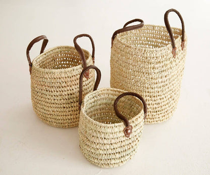 Wicker Storage Baskets with Leather Handles, Set of 3