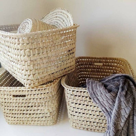 Woven Storage Basket In Doum and Natural Reeds and Palm Leaf