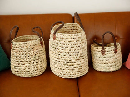 Wicker Storage Baskets with Leather Handles, Set of 3