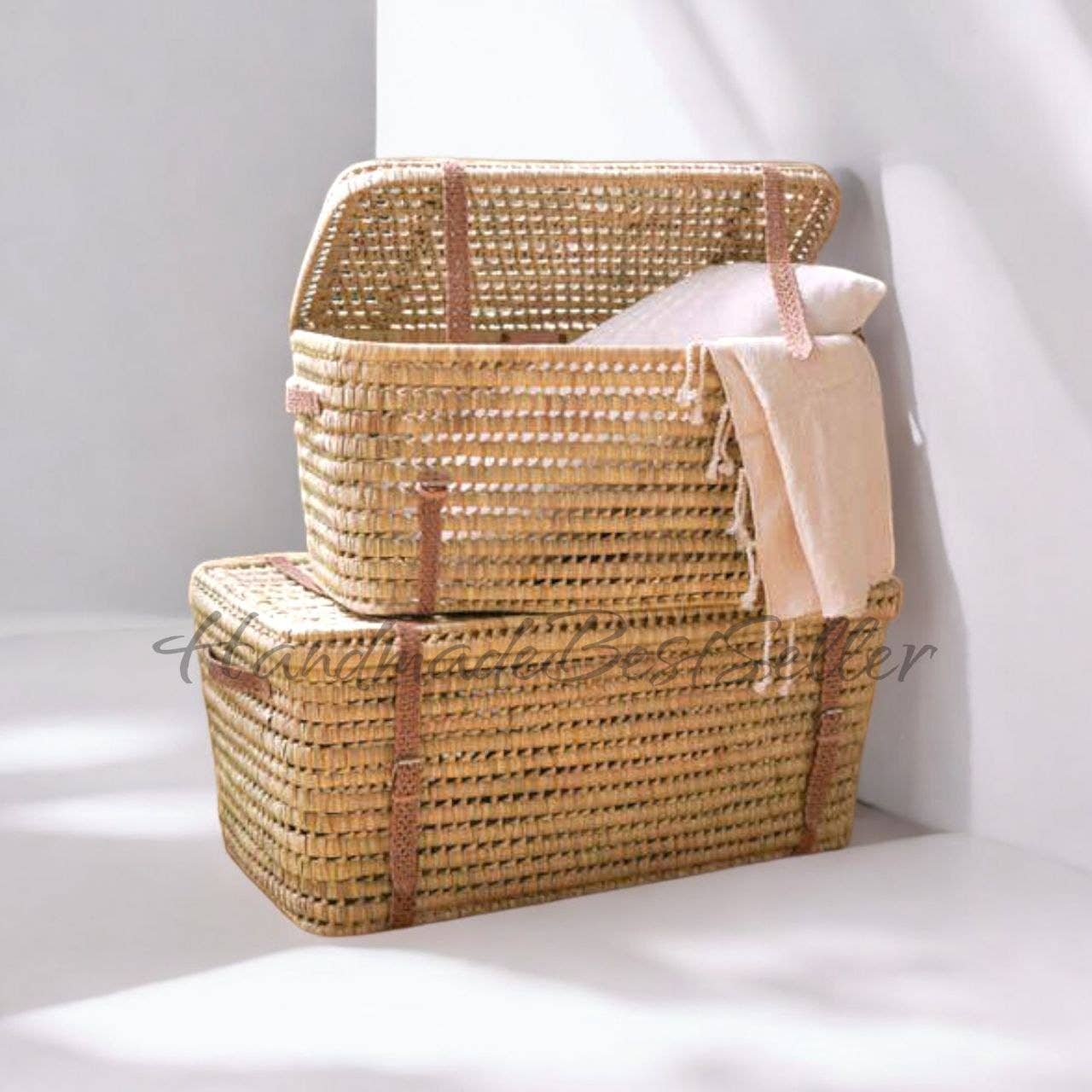 Handcrafted Wicker Trunk with Leather Handles