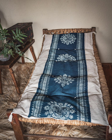 Antique Handwoven Hemp Bedroll – Indigo Dyed in Hungary | Artisan-Made with Organic Cotton Fill