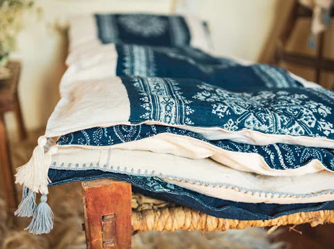 Antique Handwoven Hemp Bedroll – Indigo Dyed in Hungary | Artisan-Made with Organic Cotton Fill
