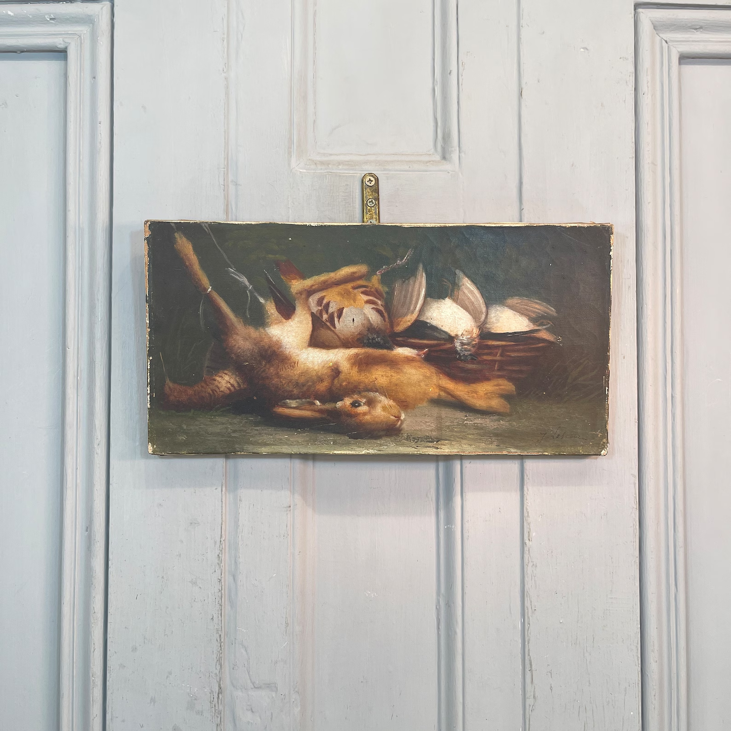 Small Antique French Still Life of Hare and Birds, Signed J. Leseur, c. 1900