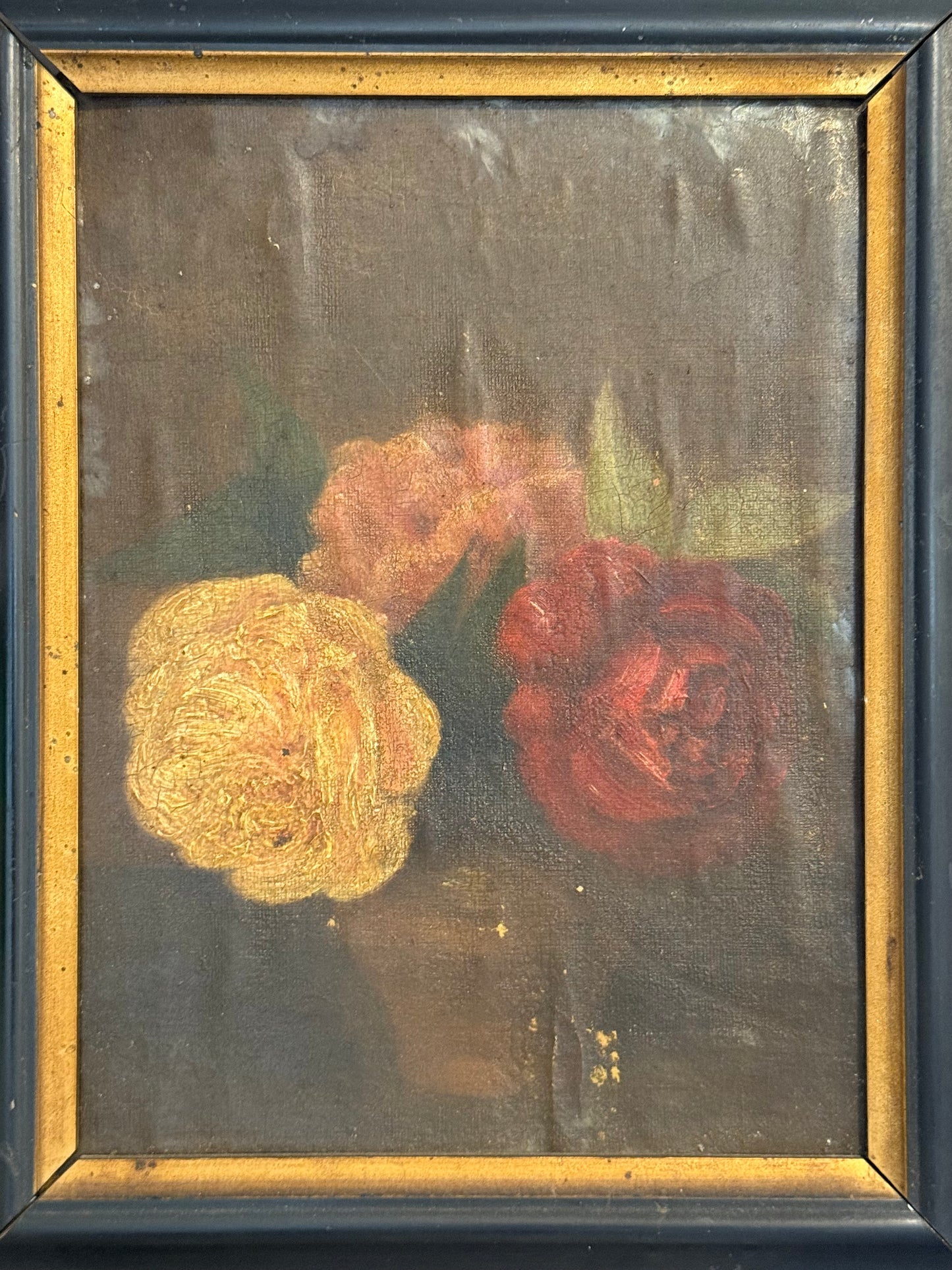 Antique French Still Life Oil Painting of Roses in Ebonized Frame c. 1890