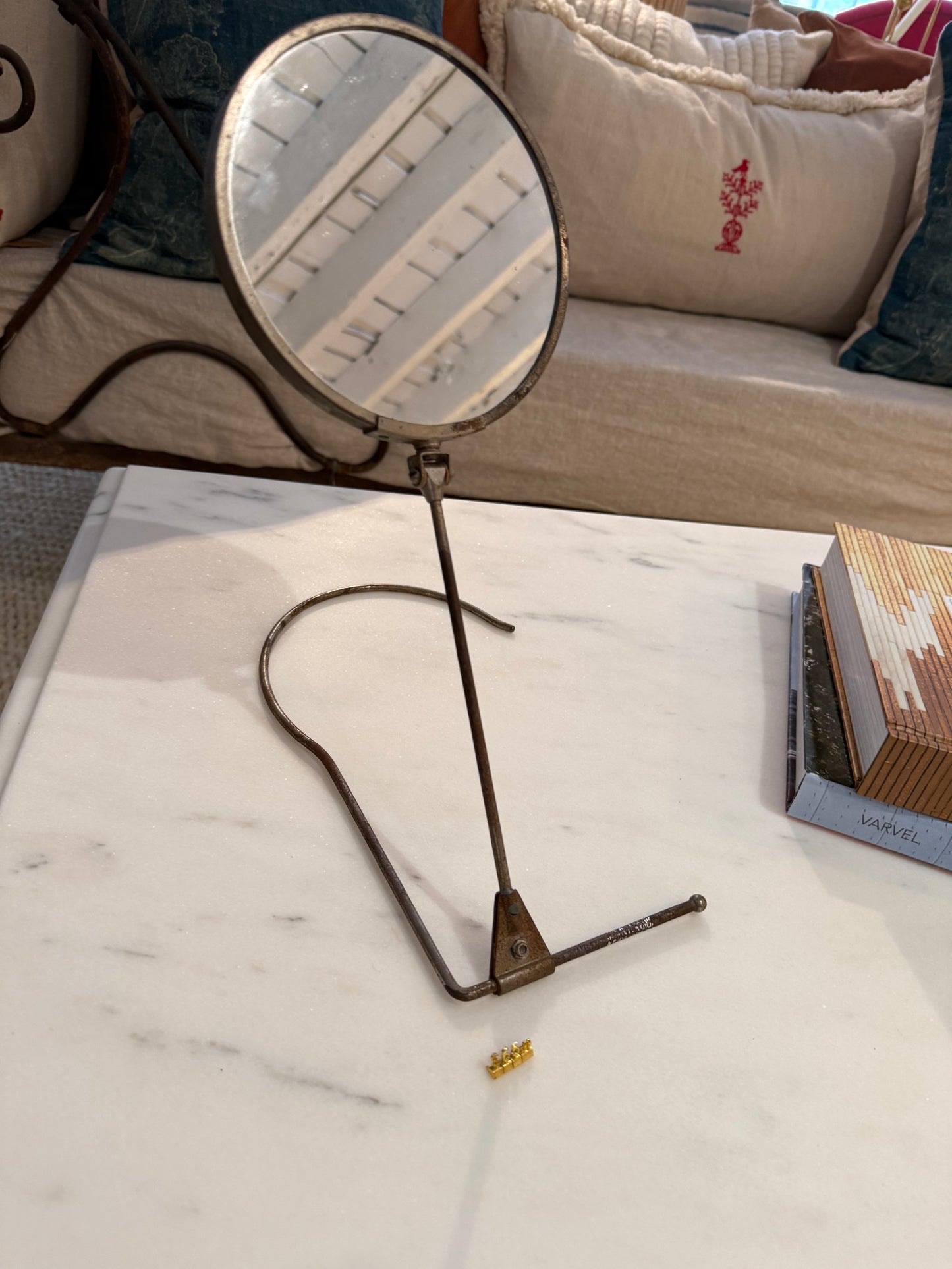 Antique Mid Century Metal French Adjustable Single Sided Mirror W/Stand