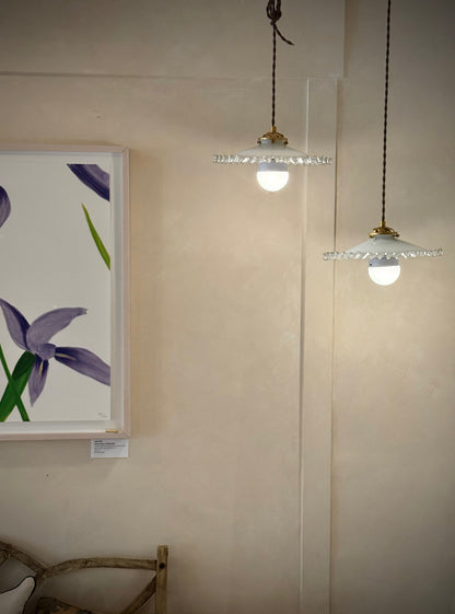 Antique French Pendant Lights, Milk Glass & Brass, Pair