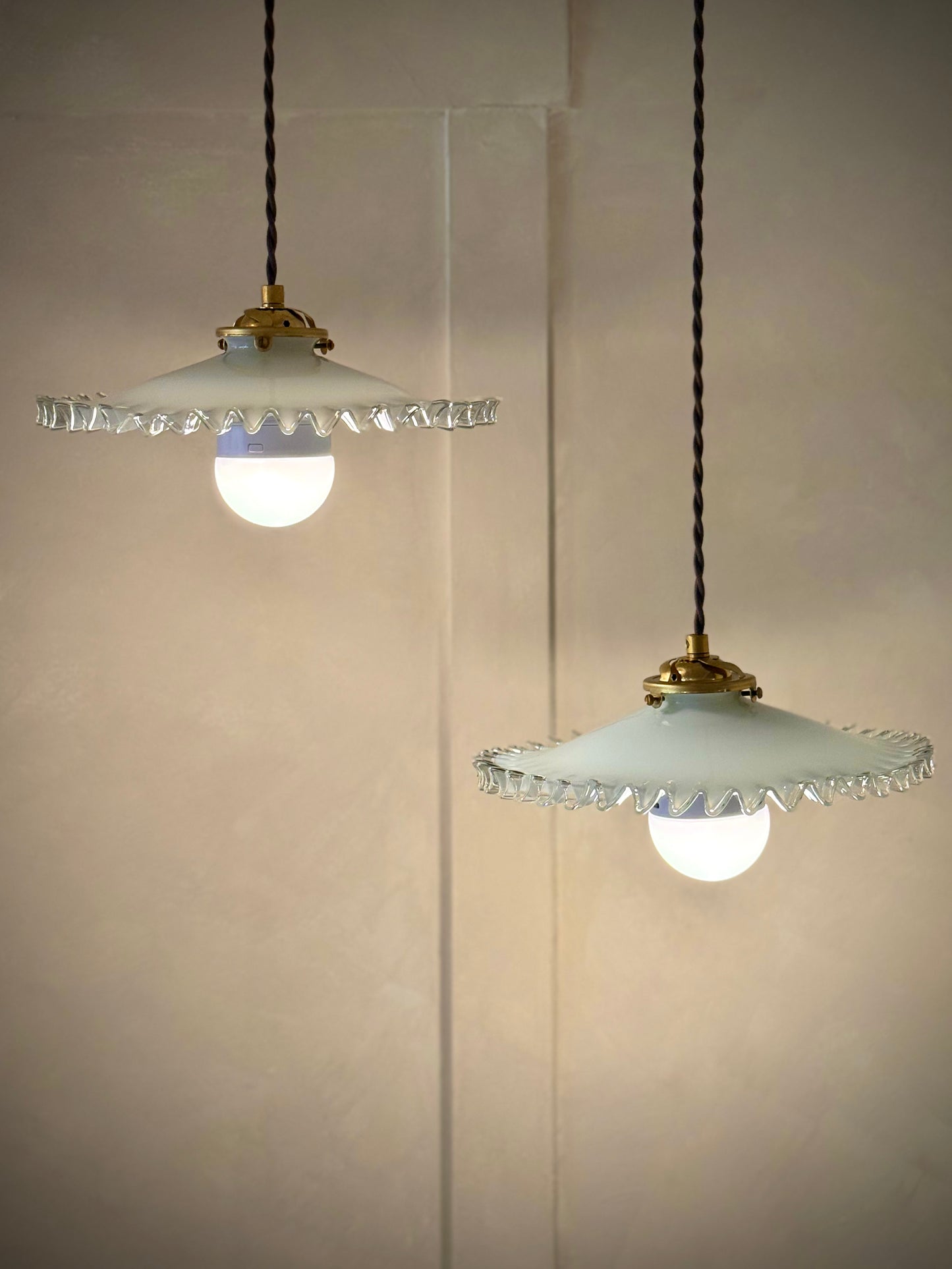 Antique French Pendant Ceiling Lights Milk Glass and Brass - Set of 2