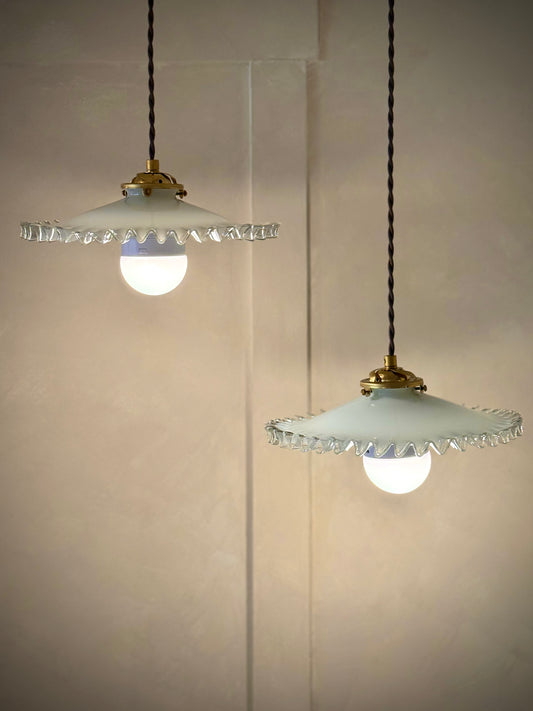 Antique French Pendant Ceiling Lights Milk Glass and Brass - Set of 2