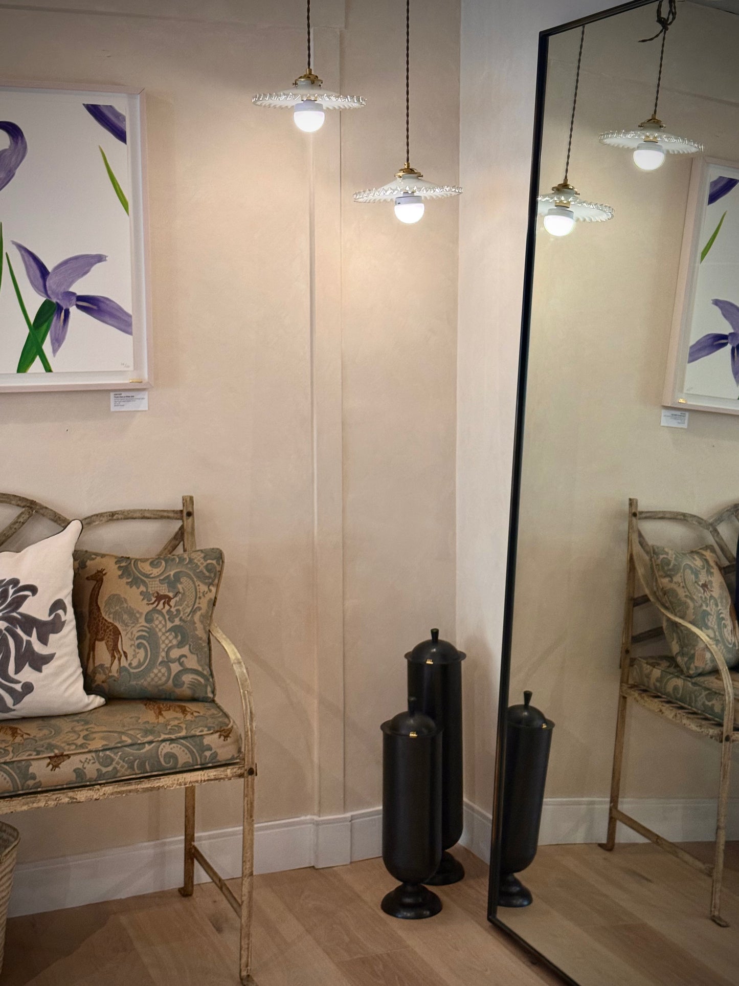 Antique French Pendant Ceiling Lights Milk Glass and Brass - Set of 2