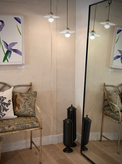 Antique French Pendant Lights, Milk Glass & Brass, Pair