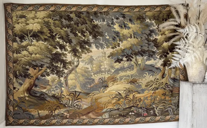Antique French Verdure Wall Tapestry, Forest and Castle Scene, 82×52 Wool Panel