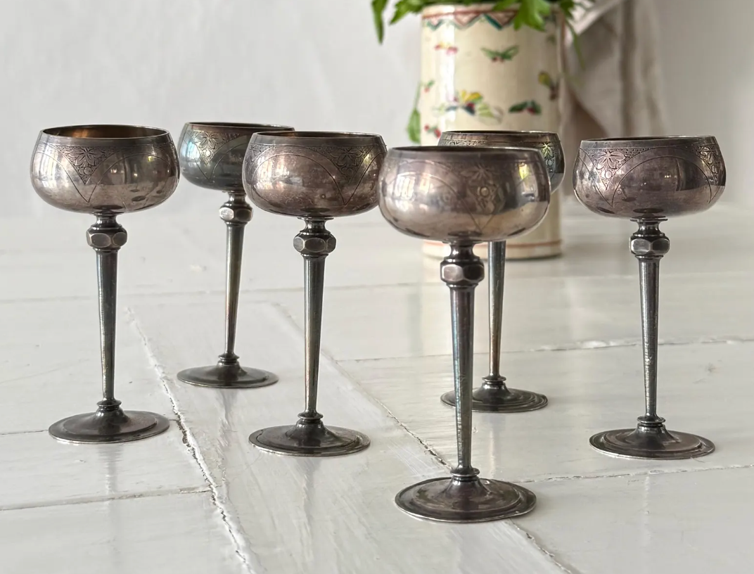 19th C French 'Jacques Rousseau' Silver Toasting Goblets /Liqueur Glasses
