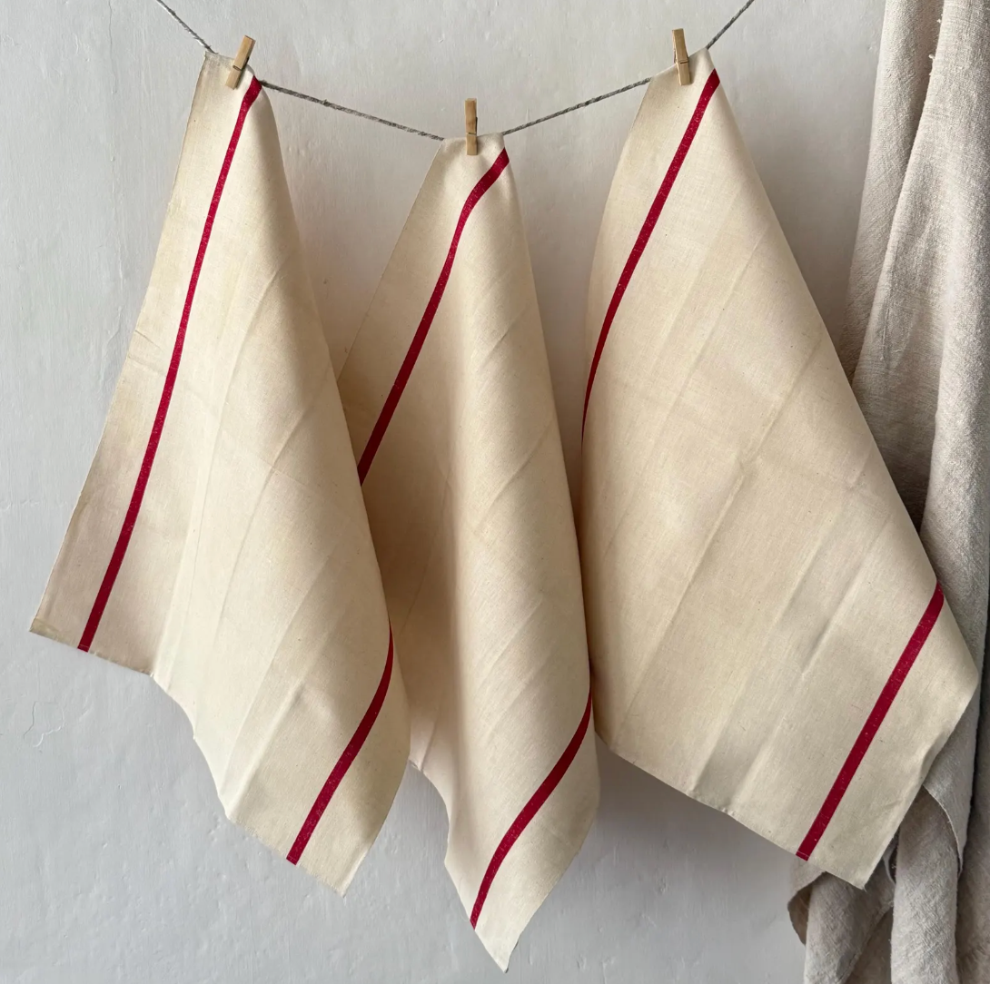 3 French Vintage Linen 'Fleur Bleue' Torchons / Tea Towels, Dishcloths