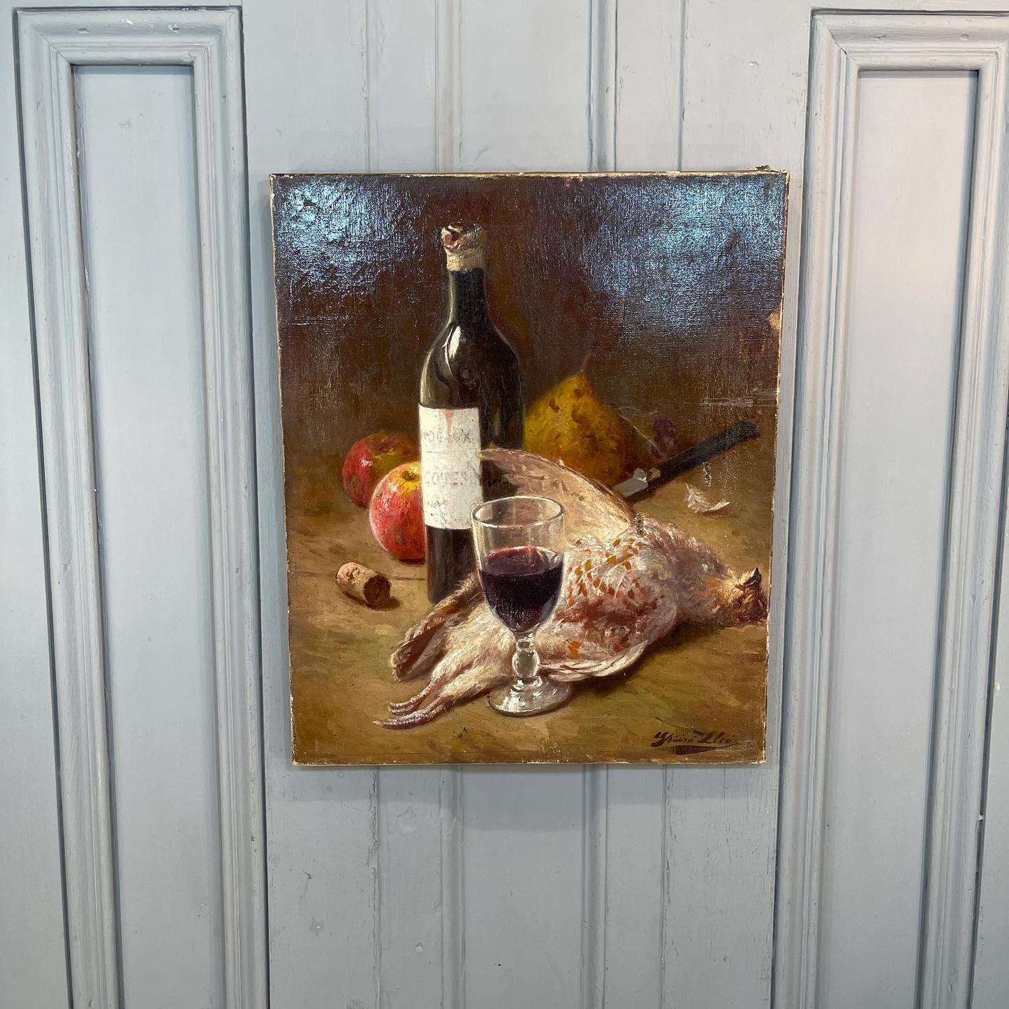 Antique French Still Life with Game Bird, Wine & Fruit, c. 1900