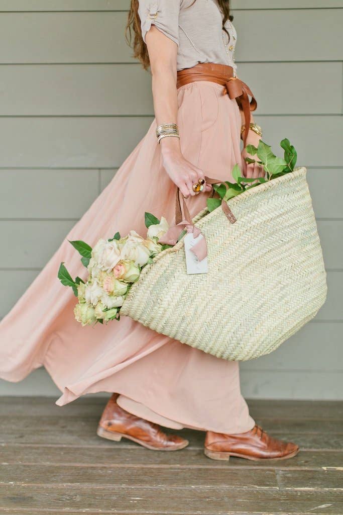 French Market Tote, Woven Straw and Leather