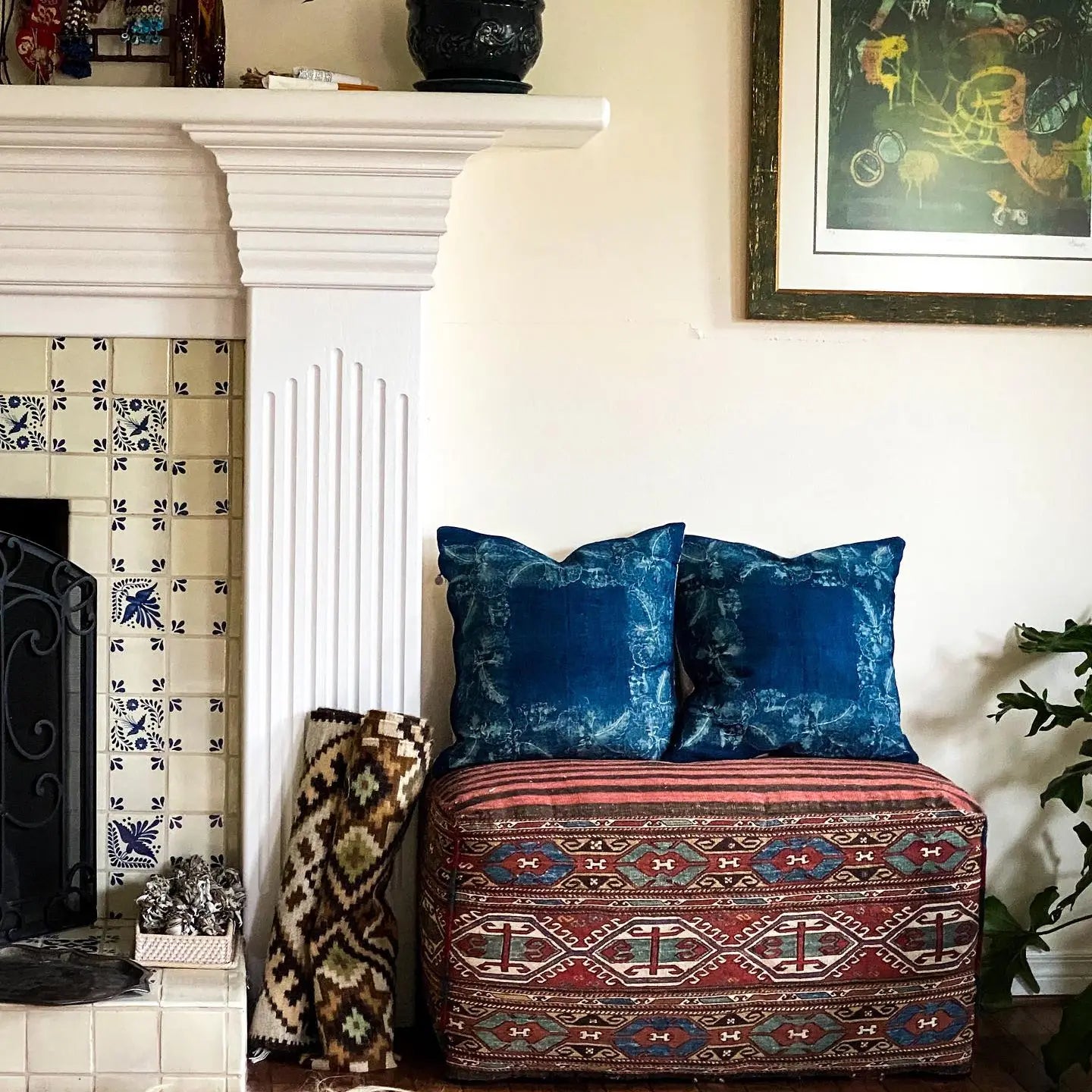 Antique Hungarian Hemp Pillow with Dyed Indigo Front by Lineage Botanica