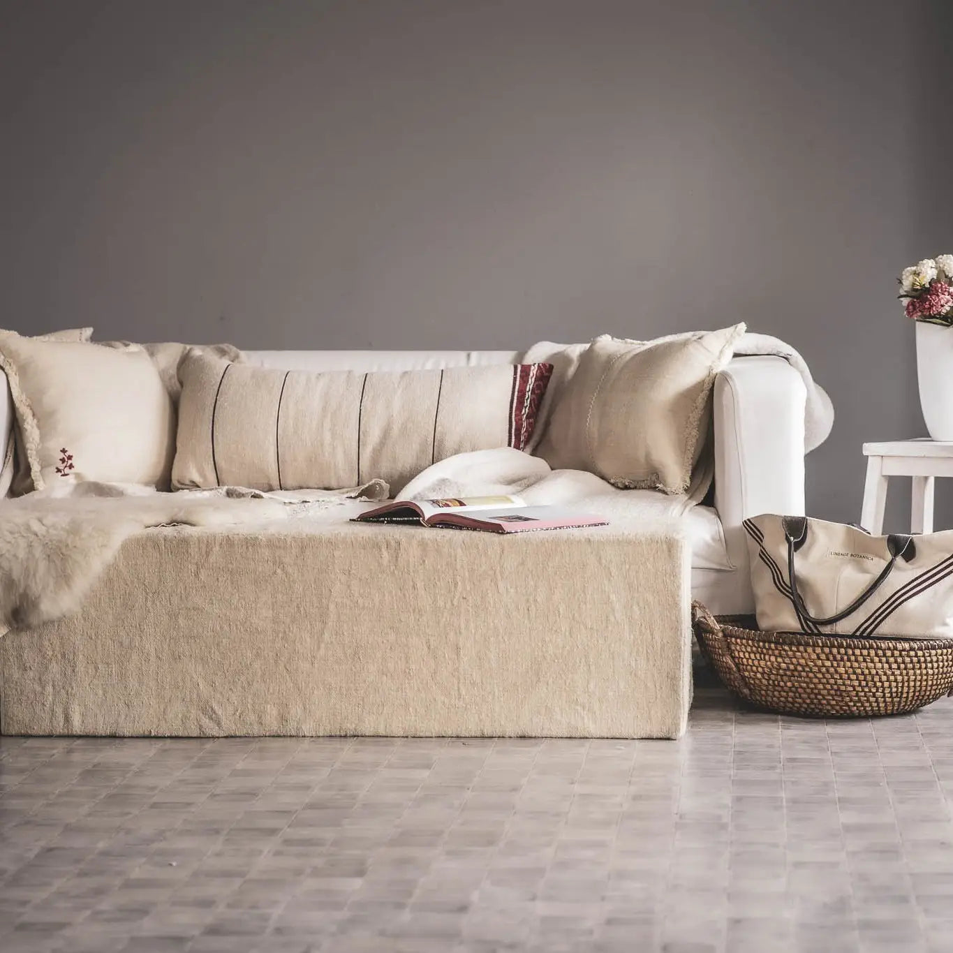 Antique Hungarian Hemp Throw Pillow with Hand Embroidery by Lineage Botanica