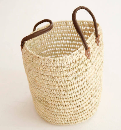 Wicker Storage Baskets with Leather Handles, Set of 3