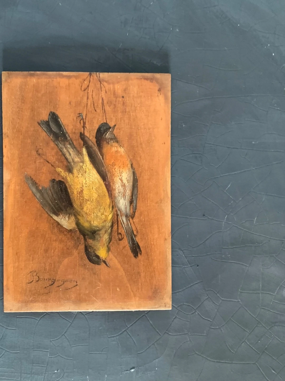 19th-Century French Trompe-l’Œil Still Life of Hanging Birds, Signed Bourguignon