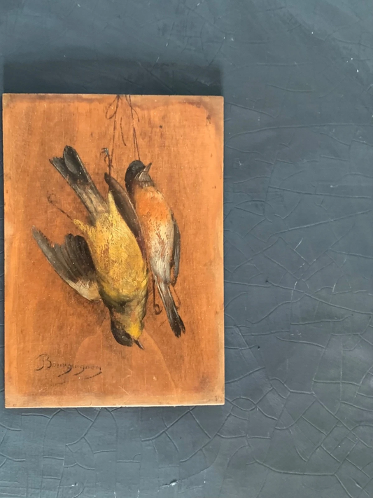 19th-Century French Trompe-l’Œil Still Life of Hanging Birds, Signed Bourguignon