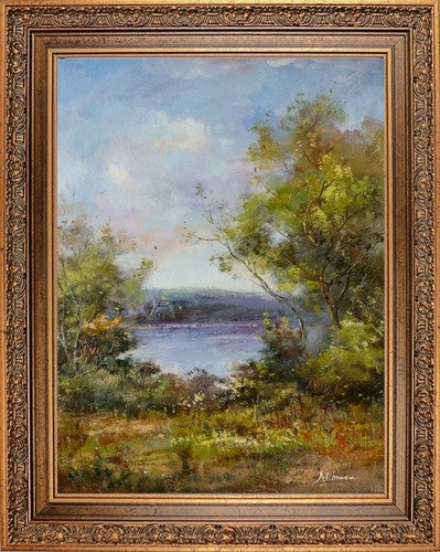 French Lake Landscape, Signed J. Reneau — Antique Oil on Canvas in Gilt Frame, Early 20th Century
